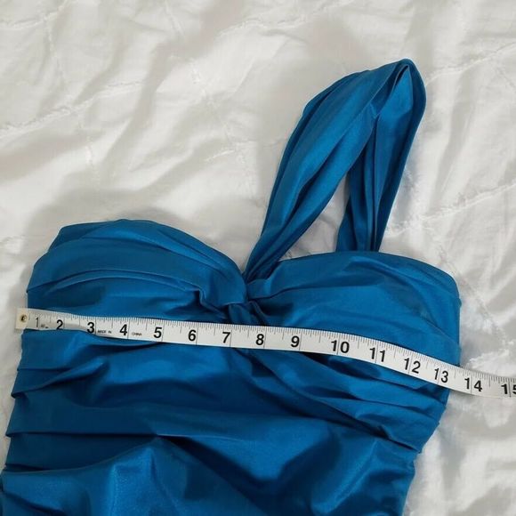 David Meister Formal Dress Ruched Teal Blue Size 2 Asymmetrical Ruched Long - Picture 8 of 14